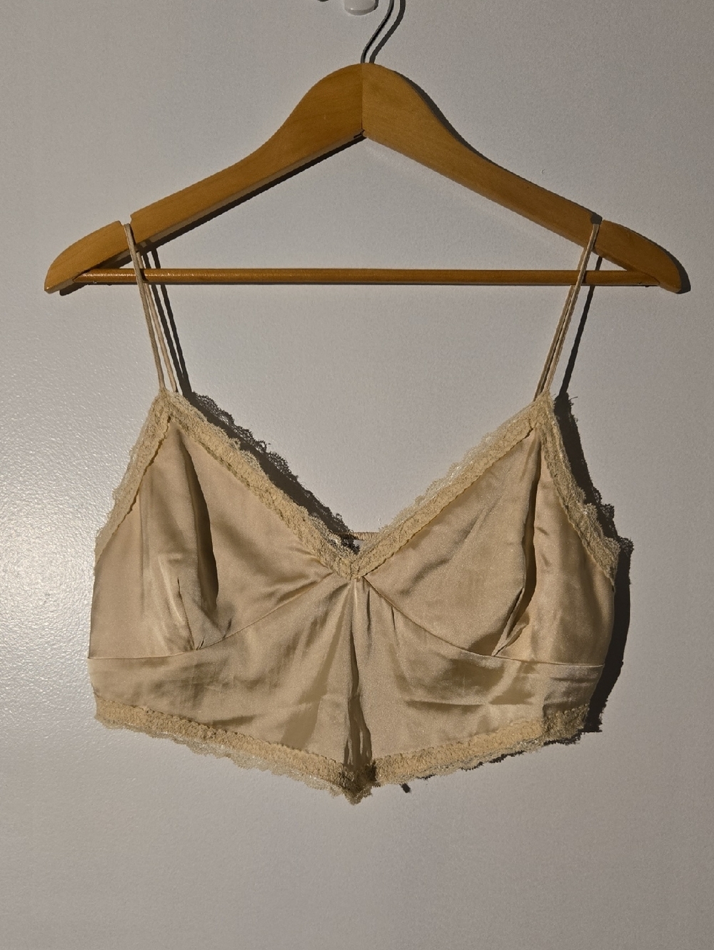 Love Tree Satin-Look Smocked Top in Champagne Beige Y2K Strap Top Size L